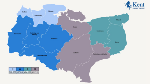 LGR Proposed Kent Unitary Map Option 4B comprising East Kent, Mid Kent, North Kent & West Kent